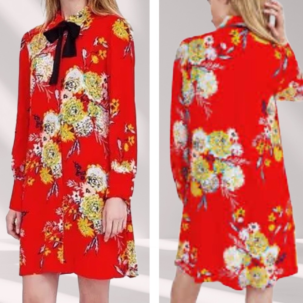 Zara NWOT Orange Floral Collar w/ Bow Long Sleeve Button-Up Shirt Dress | Size S